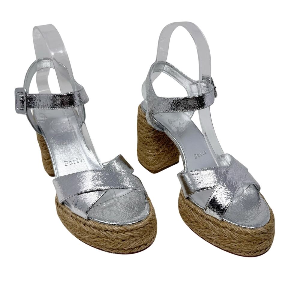 Christian Louboutin Calakala 85 Silver Espadrille Platform Sandal IT 37